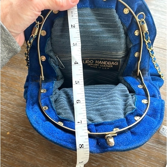 💙LIDO Handbag,Vibrant Blue Suede Leather, Made in USA,Blue/Gold Woven Chain,EUC - Picture 2 of 12